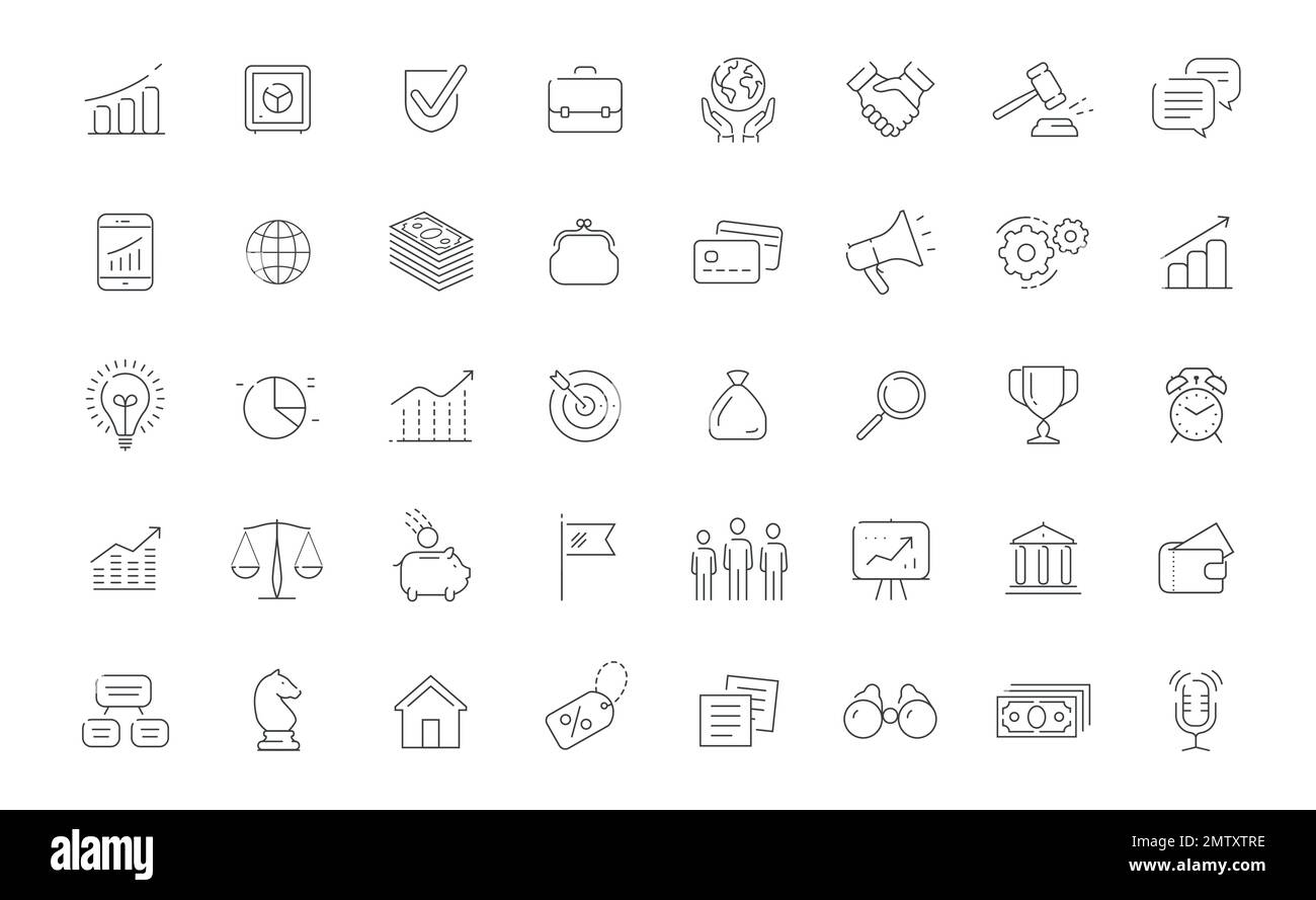 Geschäftssymbole gesetzt, dünne Linie. Handel, Finanzkonzepte. Sammlung von Symbolen für Anwendungen oder Websites Stock Vektor