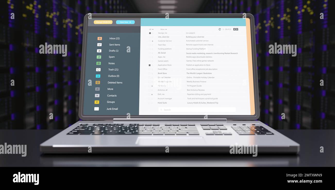 E-Mail-Liste des Kunden auf dem Laptop-Bildschirm im Rechenzentrumshintergrund. Kommunikation mit E-Mail-Nachrichten. 3D-Rendern Stockfoto