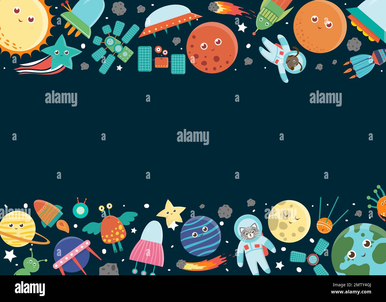 Rahmenvorlage für Vektorraum. Horizontales Grenzbanner mit Galaxie, Sternen, Planeten, Rakete für Kinder. Süße flache Illustration Stock Vektor