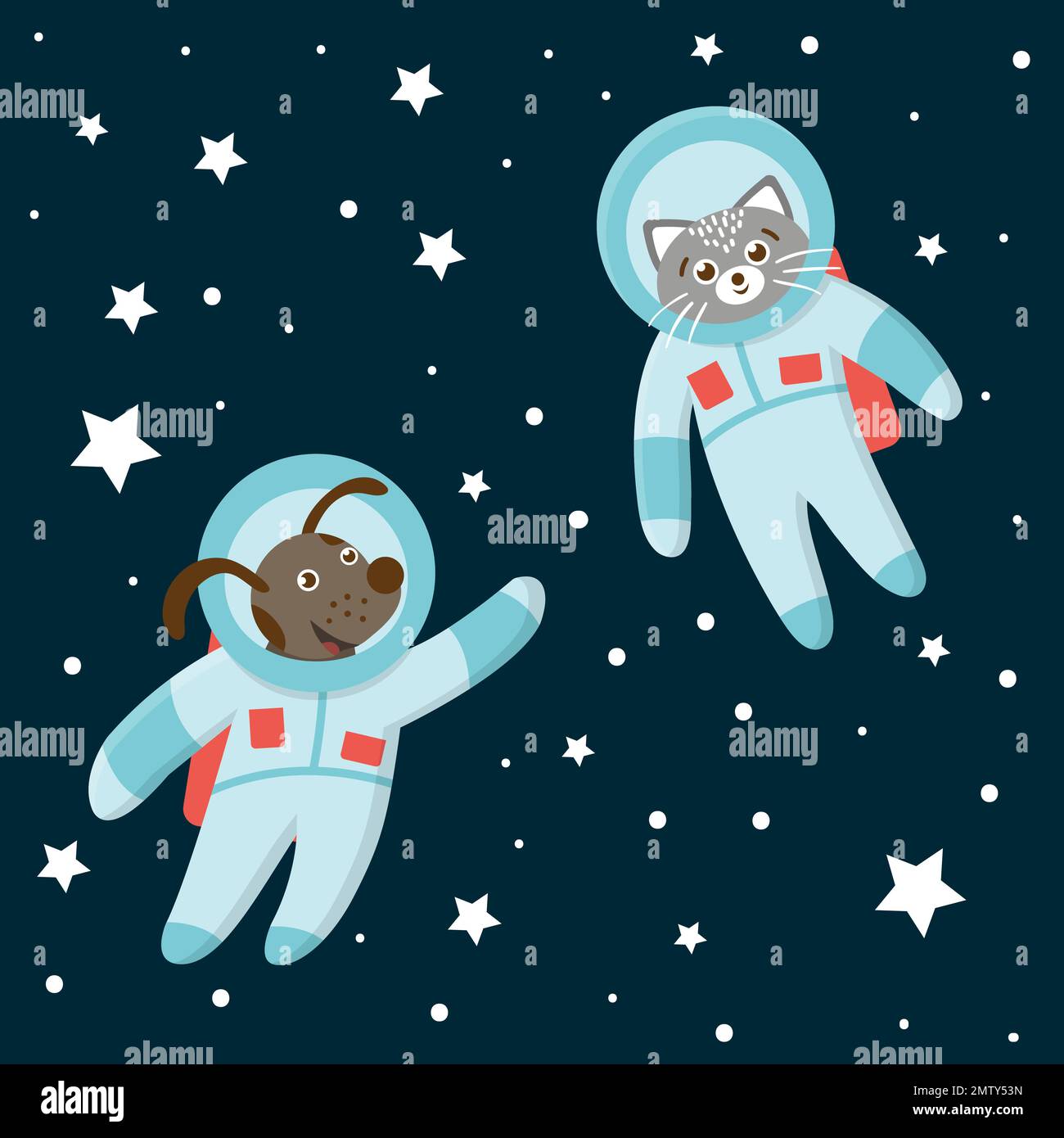 Vektorwitzige Astronautin Katze und Hund im Weltraum mit Planeten und Sternen. Süße kosmische Illustration für Kinder auf blauem Hintergrund Stock Vektor
