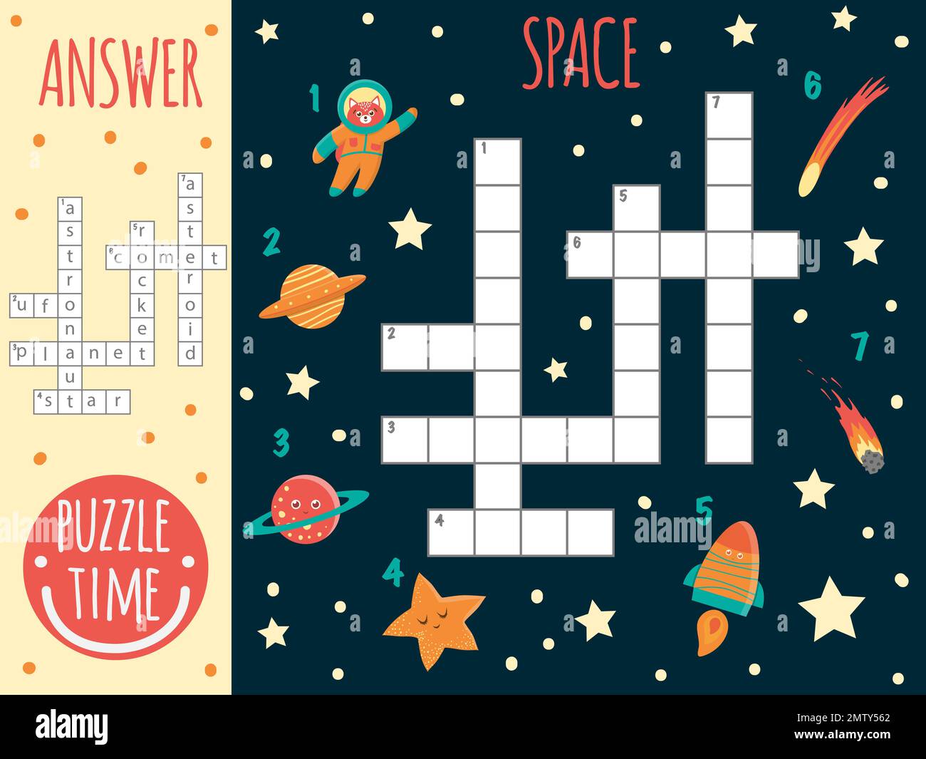 Vektorraum-Kreuzworträtsel. Farbenfrohes Quiz für Kinder. Puzzle-Aktivität mit ufo, Planet, Star, Astronaut, Komet, Rakete, Asteroid Stock Vektor