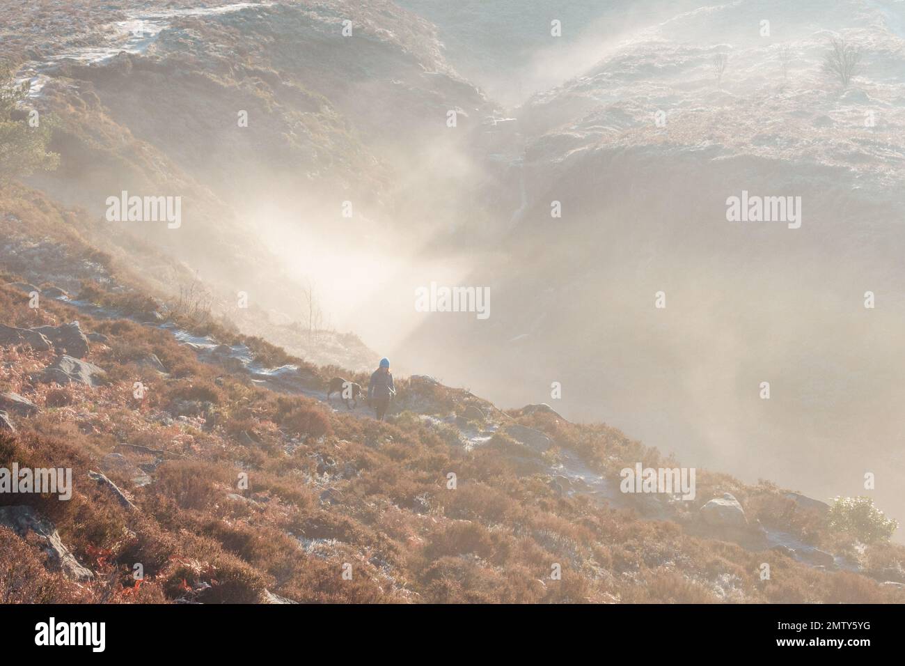 Eine Frau, die an einem kalten Wintertag mit einem Hund auf dem Ilkley Moor spaziert, mit einem stimmungsvollen Nebel, der im Hintergrund eine Atmosphäre erzeugt und schwer ist Stockfoto