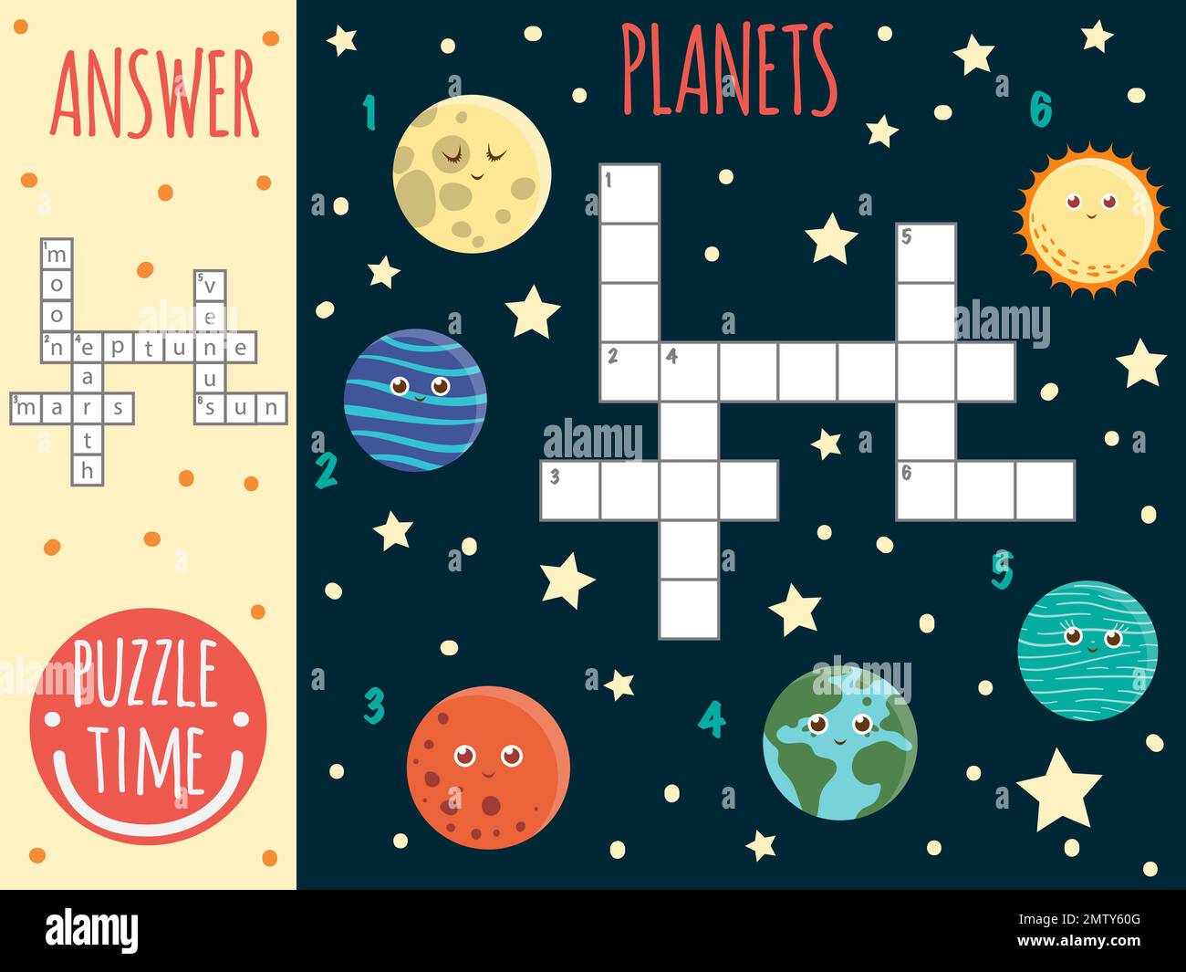 Vektorraum-Kreuzworträtsel. Farbenfrohes Quiz für Kinder. Puzzle-Aktivität mit Planeten, Mond, Neptun, Erde, Mars, Venus, So. Stock Vektor