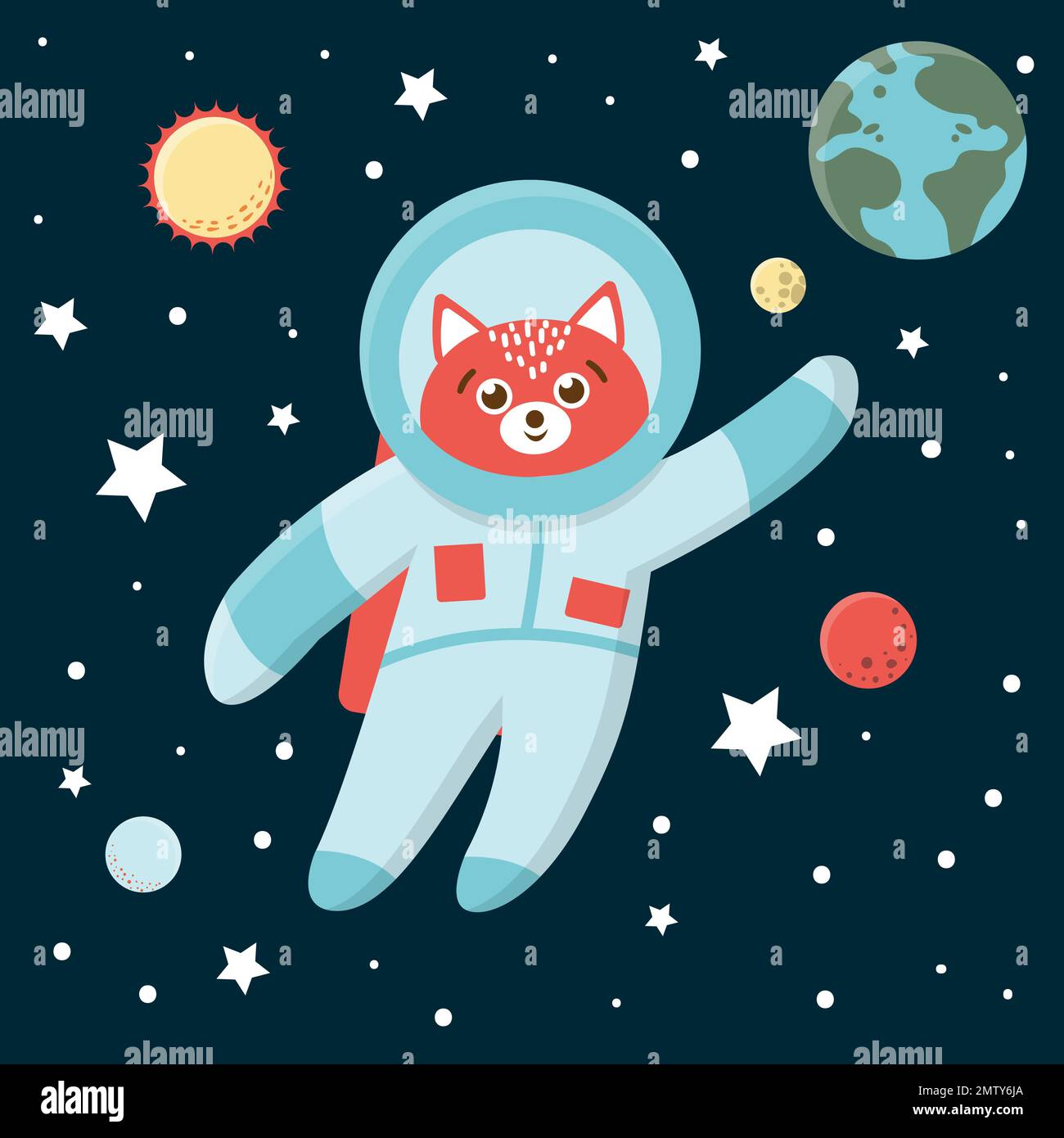 Vektor-lustiger Astronautenfuchs im Weltraum mit Planeten und Sternen. Süße kosmische Illustration für Kinder auf blauem Hintergrund Stock Vektor