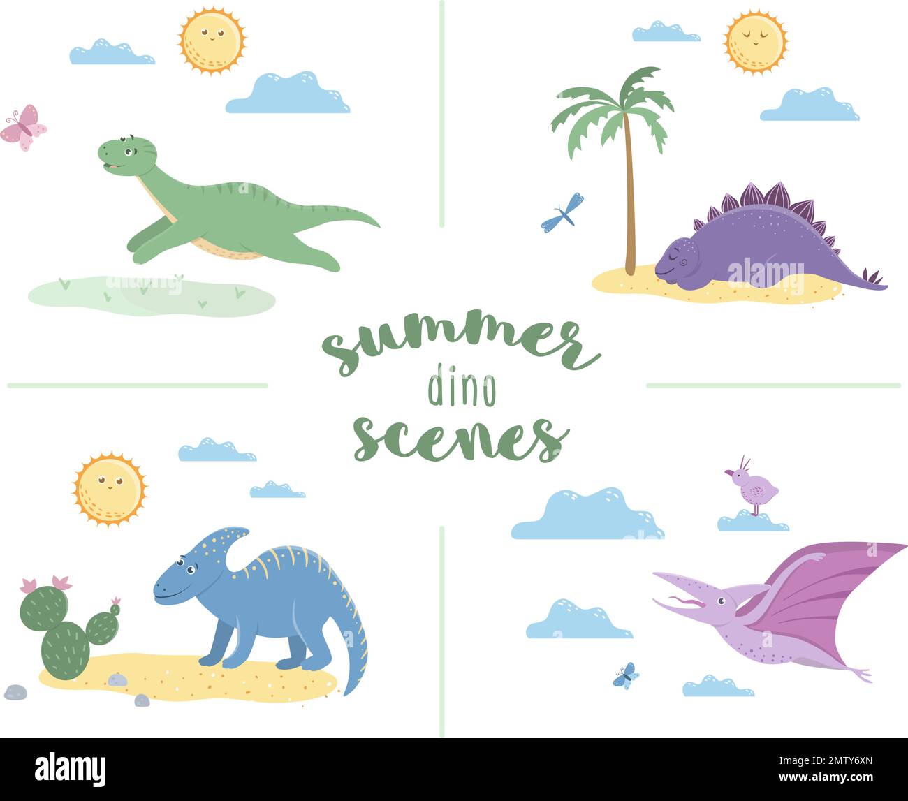 Sommerszenen mit süßen Dinosauriern. Illustration mit Dinos spielen, schlafen, sonnen, laufen. Lustige prähistorische Reptilien-Illustration für Kinder Stock Vektor