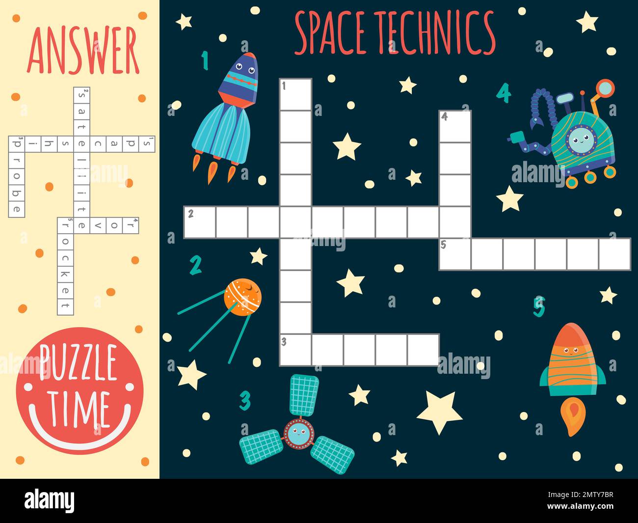 Vektorraum-Kreuzworträtsel. Farbenfrohes Quiz für Kinder. Puzzle-Aktivität mit Weltraumtechnik, Satellit, Raumschiff, Sonde, Rover, Rakete Stock Vektor