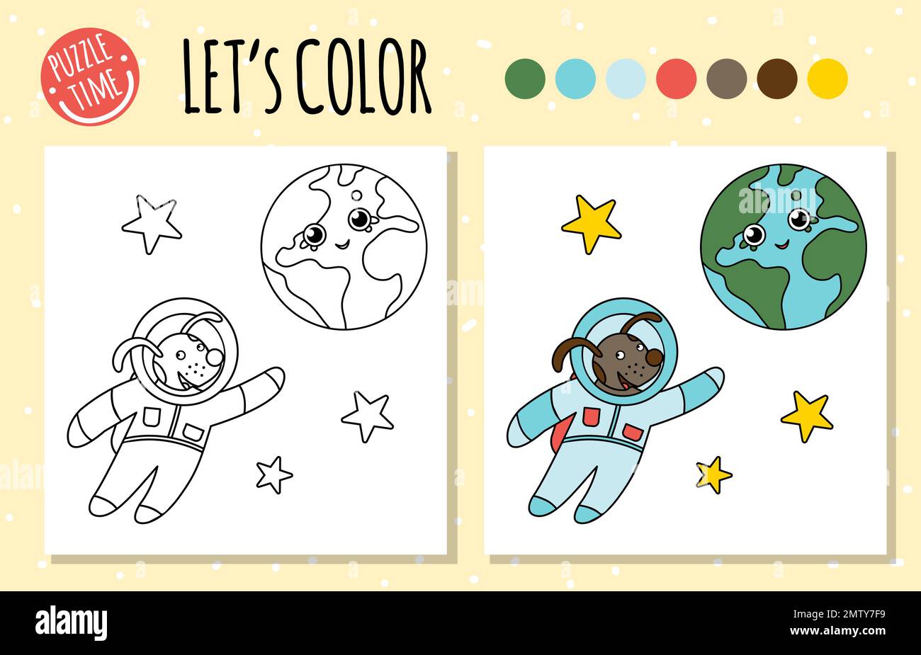 Malbuch mit Astronaut und Erde. Seite zum Ausmalen von Räumen für Kinder. Süße, lustige, lächelnde Figuren Stock Vektor