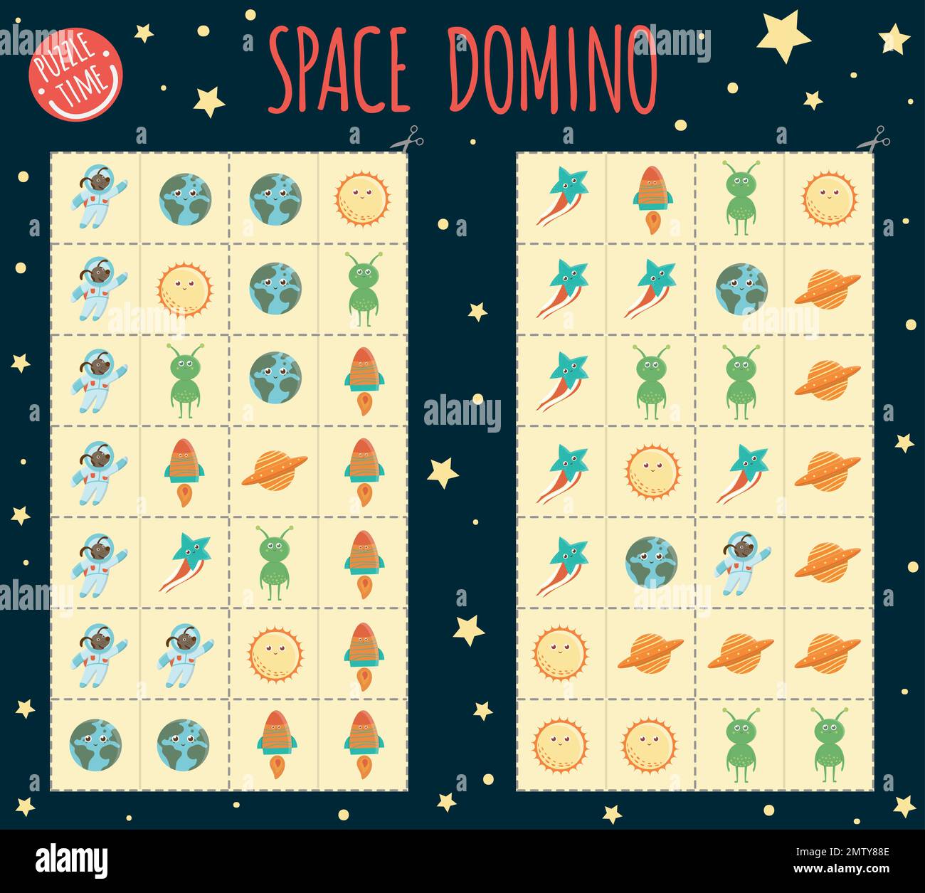 Weltraum-Domino für Kinder. Brettspiel mit Planet, Erde, Sonne, Rakete, Alien, UFO, Stern. Abgestimmte Aktivitäten für die Früherziehung Stock Vektor