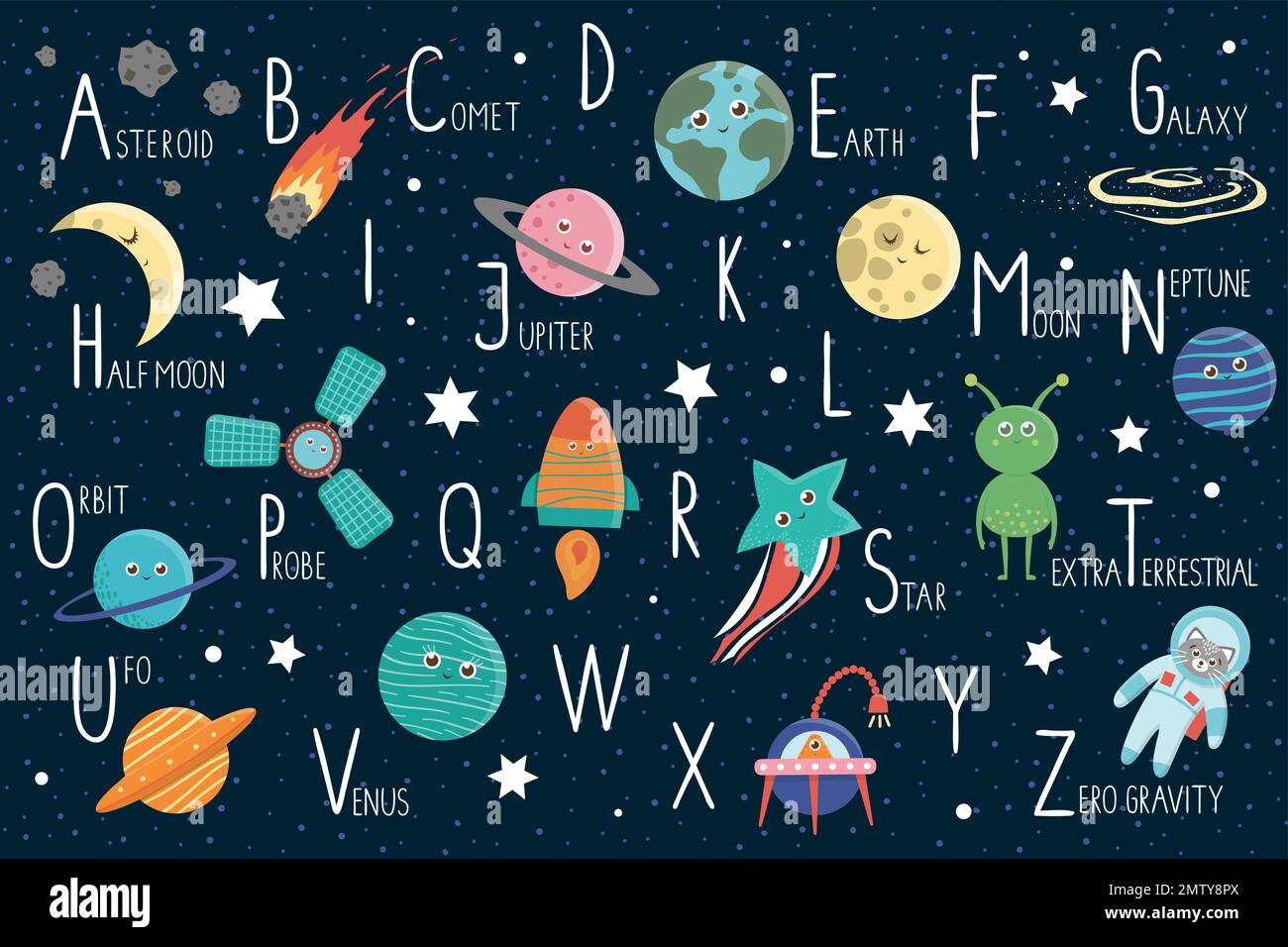 Weltraumalphabet für Kinder. Süßes flaches ABC mit Galaxie, Sternen, Astronauten, Außerirdischen, Planet, Raumschiff, Sonde, Komet, Asteroid Stock Vektor