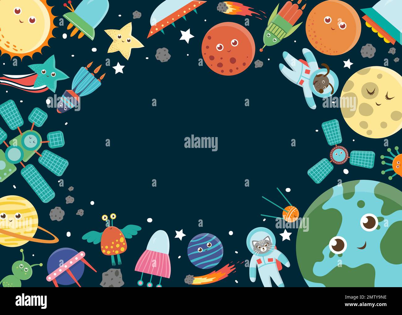 Rahmenvorlage für Vektorraum. Horizontales Banner mit Galaxie, Sternen, Planeten, Rakete für Kinder. Süße flache Illustration Stock Vektor