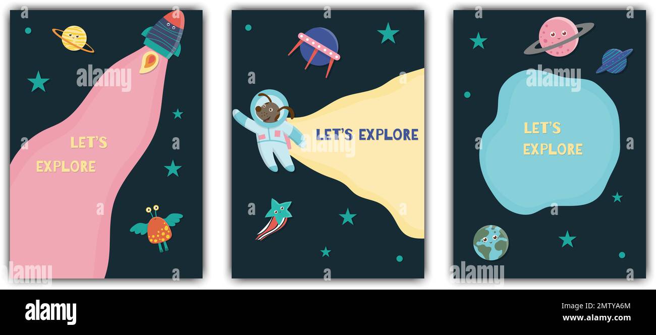 Vorlage für Vektorspeicherplatzkarte. Banner mit Galaxie, Sternen, Astronauten, Außerirdischen, Planet, Raumschiff für Kinder. Süße flache Illustration Stock Vektor