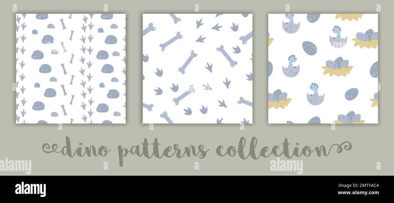 Satz nahtloser Vektor-Dinosaurier-Muster für Kinder. Dino flacher Cartoon-Hintergrund mit Baby-Dinos in Nestern, Knochen, Fußabdrücken, Eiern, Steinen. Süße PR Stock Vektor