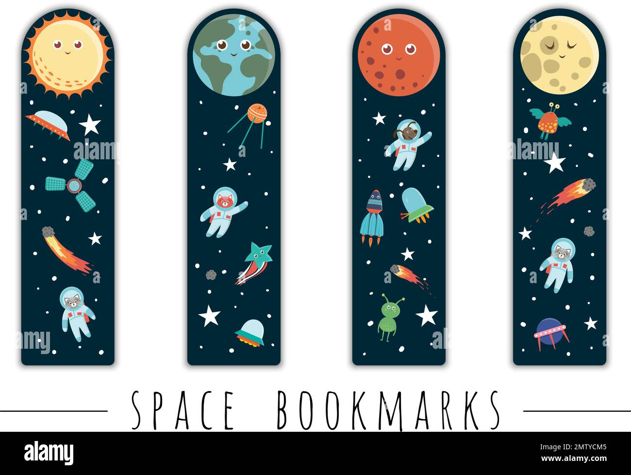 Vektorsatz von Lesezeichen für Kinder mit Weltraumthema. Süße lächelnde Planeten, Astronaut, Raumschiff, Rakete, Alien auf dunkelblauem Hintergrund. Vertikal Stock Vektor