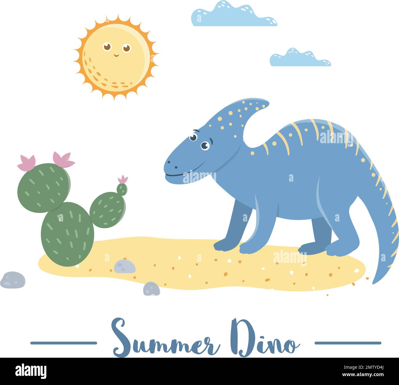 Illustration eines Dino in einer Wüste unter der Sonne mit Kaktus. Sommerszene mit süßem Dinosaurier. Lustige prähistorische Reptilien für Kinder Stock Vektor
