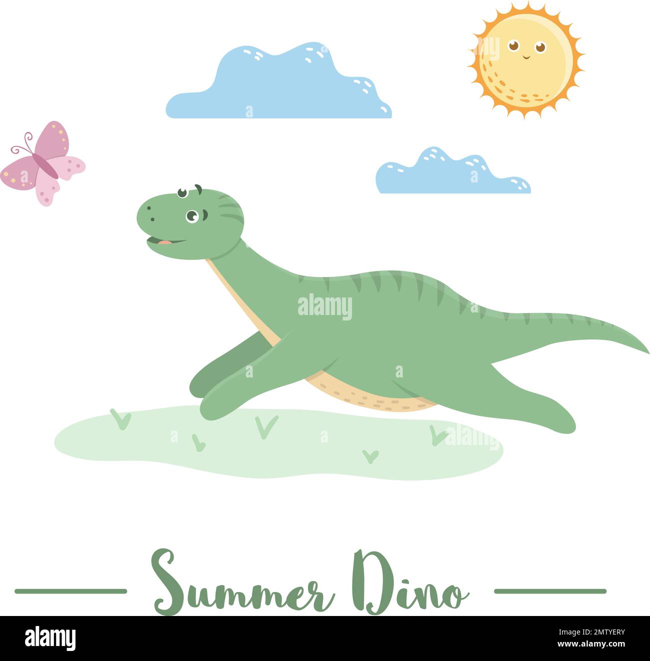 Abbildung mit Dino, der unter der Sonne nach einem Schmetterling rennt. Sommerszene mit süßem Dinosaurier. Lustige prähistorische Reptilien für Kinder Stock Vektor