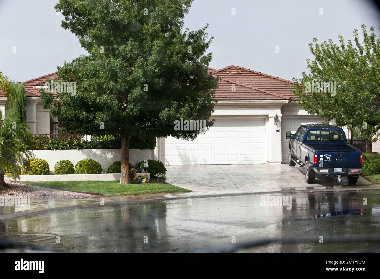 Außenansicht des verstorbenen legendären Schauspielers Tony Curtis' Haus in Henderson, Nevada, wo er am 29. September an einem Herzstillstand starb. Einige Vasen und Blumen wurden auf den Vorgarten des bescheidenen Vorstadthauses gestellt. Curtis, Vater der Hollywood-Schauspielerin Jamie Lee Curtis, spielte in den Hollywood-Klassikern „Some Like IT Hot“ und „Spartacus“ mit, fiel aber tragischerweise in Vergessenheit, nachdem er unter Alkoholismus und Drogenabhängigkeit litt. Curtis' Familie wird seine Beerdigung angeblich am 4. Oktober auf dem Palm Memorial Park Cemetery in Green Valley, Nevada, abhalten. Henderson, NV. 10/02/10. Stockfoto