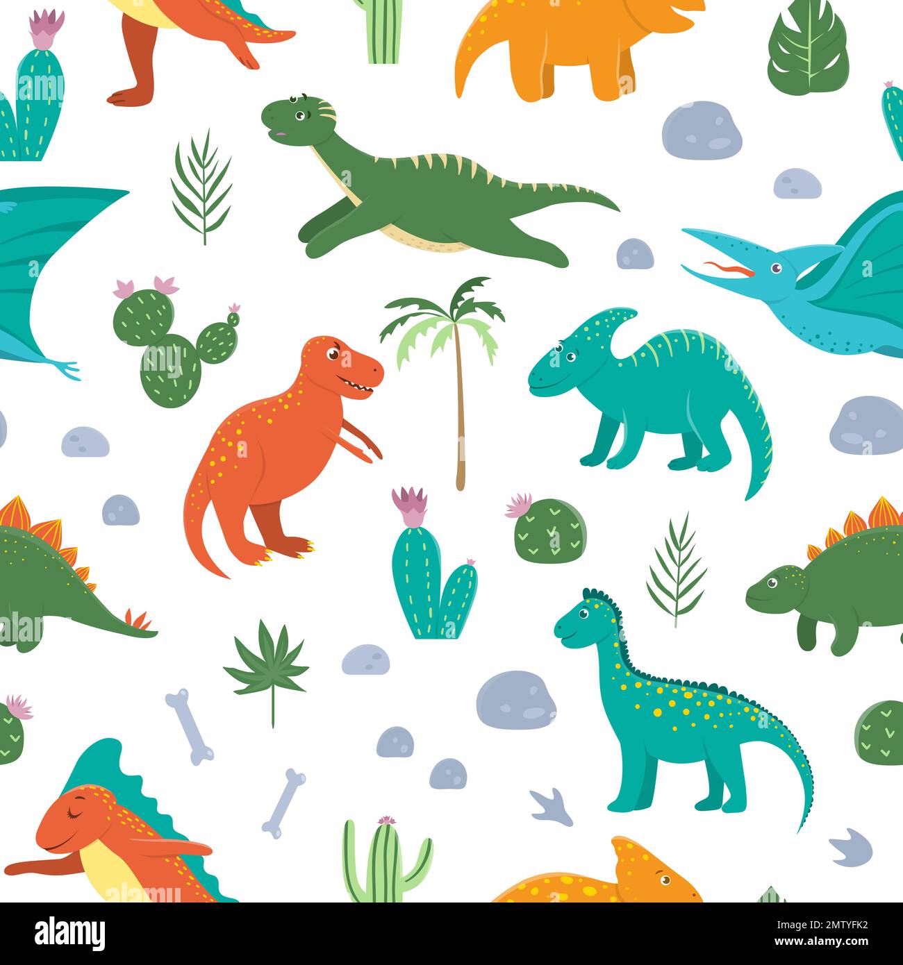 Nahtloses Vektormuster mit süßen Dinosauriern mit Palmen, Kakteen, Steinen, Fußabdrücken, Knochen für Kinder. Dino flache Zeichentrickfiguren Hintergrund. Stock Vektor