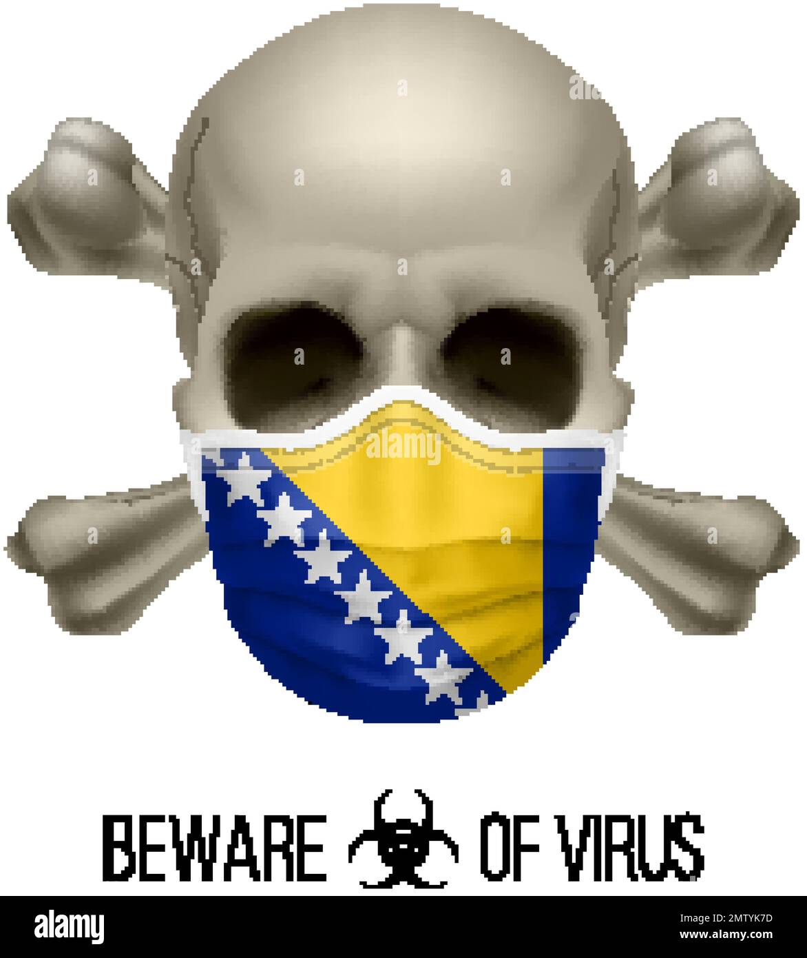 Menschlicher Schädel mit Kreuz und Operationsmaske in der Farbe der Nationalflagge Bosnien und Herzegowina. Maske in Form von Flagge und Schädel als Konzept von D. Stock Vektor