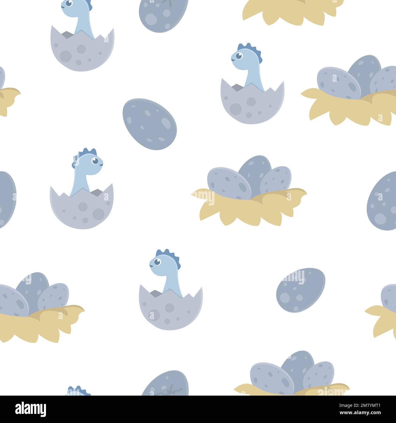 Vektor-Dinosaurier-Nahtloses Muster für Kinder. Dino flacher Cartoon-Hintergrund mit Baby Dinos in Nestern und Eiern. Süße prähistorische Reptilien Illustration Stock Vektor