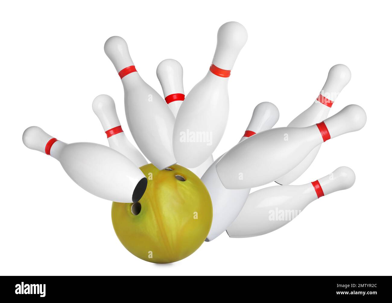 Bowlingstifte und Kugel auf weißem Hintergrund Stockfoto