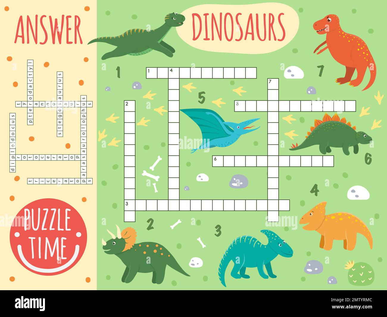 Vektor-Dinosaurier-Kreuzworträtsel. Farbenfrohes Quiz für Kinder. Puzzleaktivität mit Pterodactyl, Stegosaurus, Tyrannosaurus, Parasaurolophus, Trice Stock Vektor