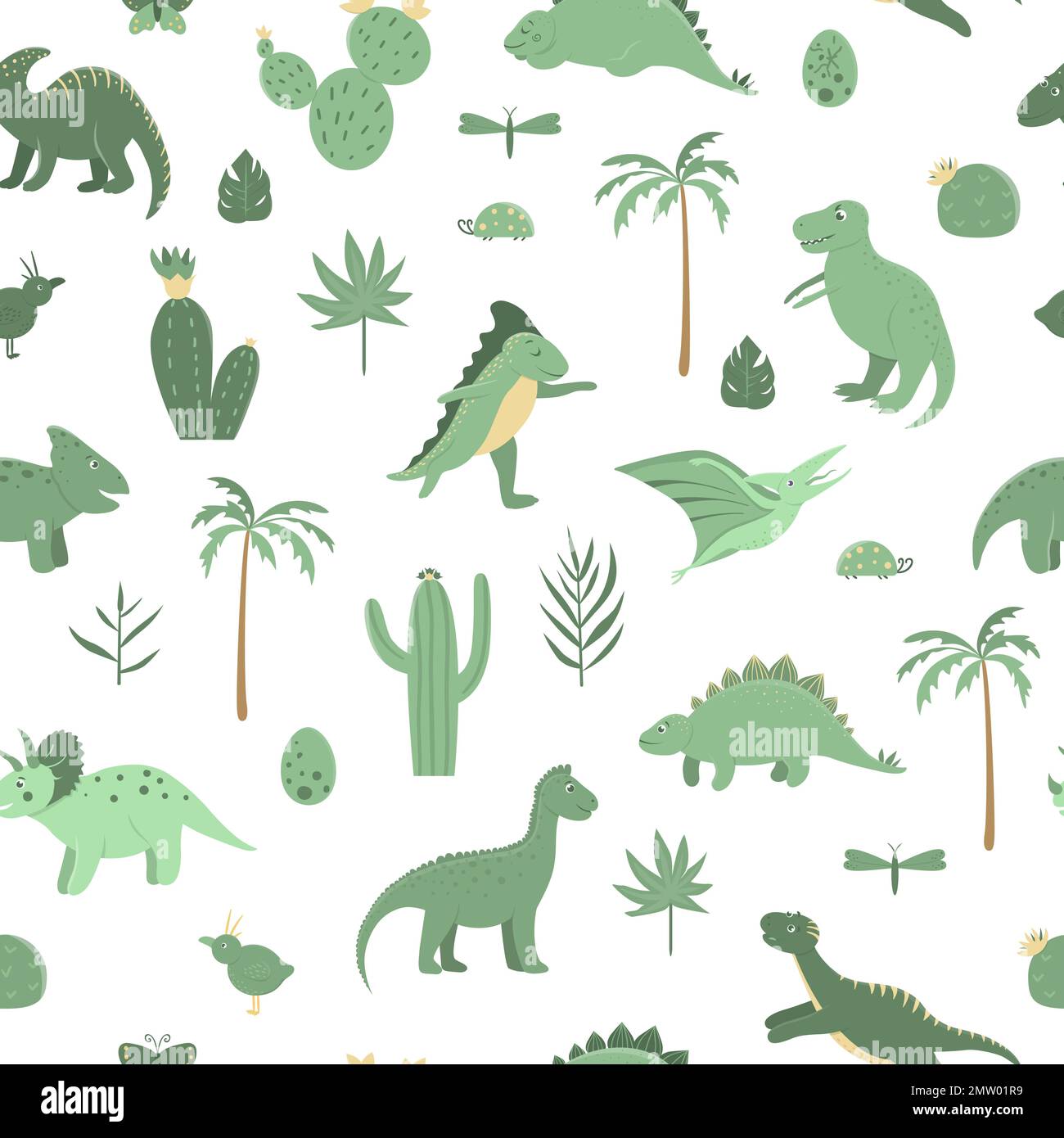 Nahtloses Vektormuster mit süßen grünen Dinosauriern mit Palmen, Kakteen, Steinen, Fußabdrücken, Knochen für Kinder. Dino Flat Cartoon Figur Backgro Stock Vektor