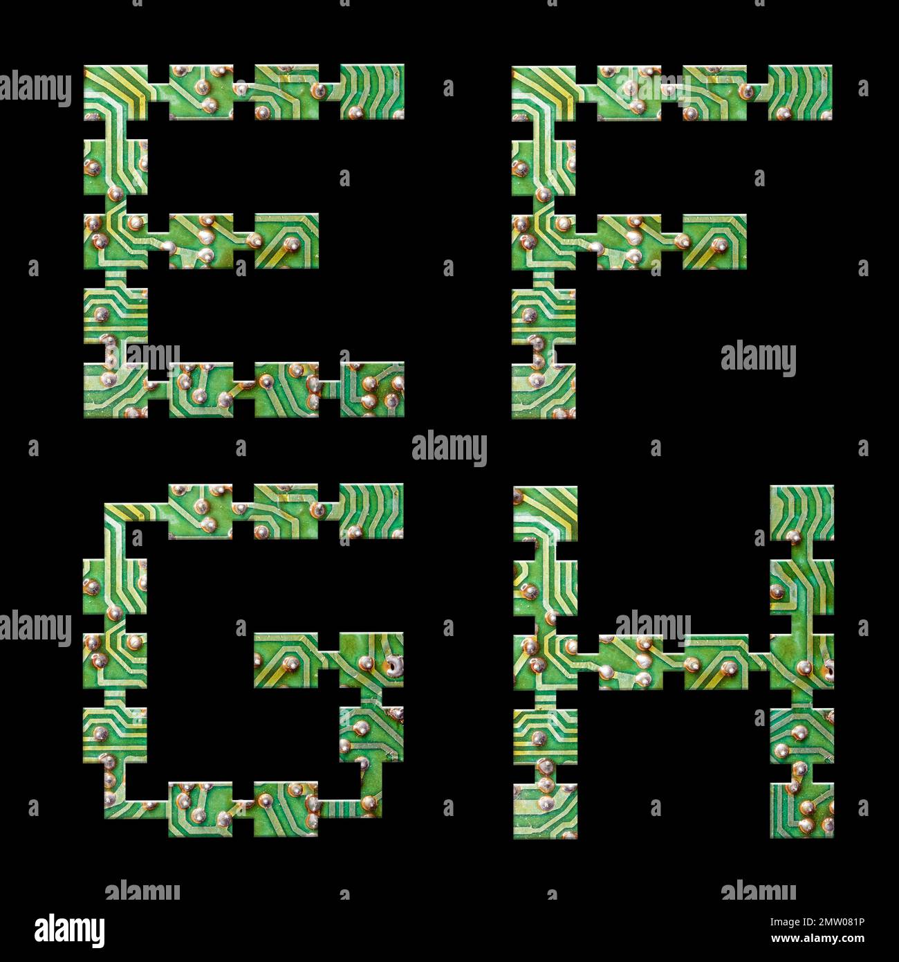 Abbildung des Alphabets der Leiterplatte – Buchstaben E-H Stockfoto