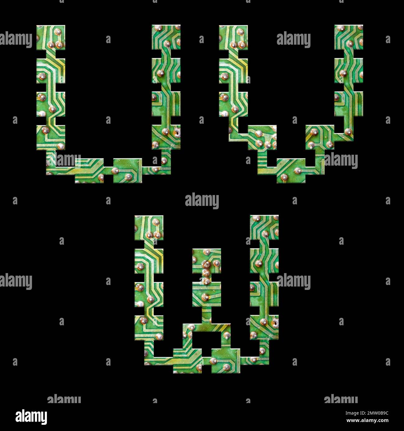 Abbildung: Alphabet der Leiterplatte – Buchstaben U-W Stockfoto
