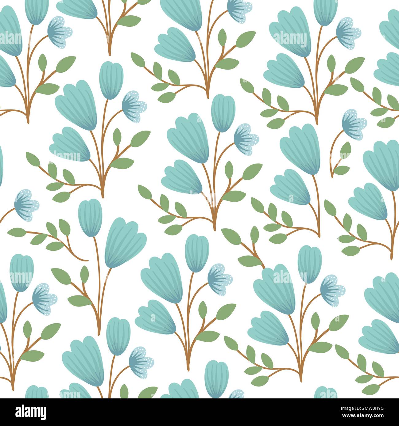 Nahtloser Vektorblumen-Hintergrund. Handgezeichnete flache, schlichte, trendige Illustration mit blauen Glockenblumen und Blättern. Sich wiederholendes Muster mit Wiese, Woodla Stock Vektor