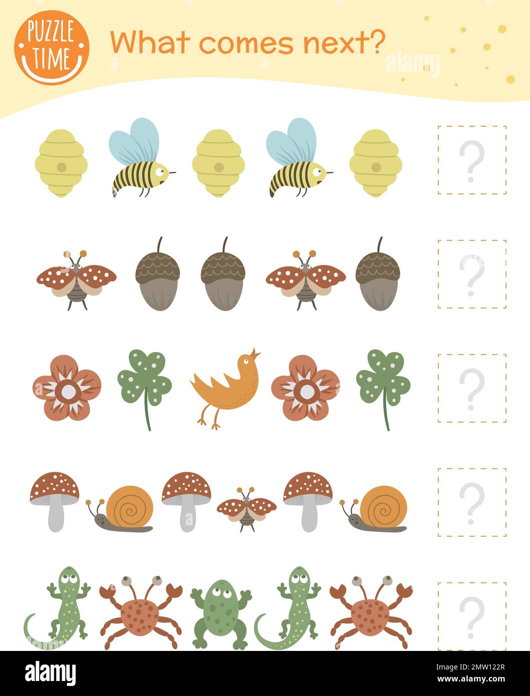 Was kommt als Nächstes? Zusammenspiel von Vorschulkindern mit Tieren und Insekten. Lustiges Waldspiel für Kinder. Logisches Quiz-Arbeitsblatt. Fahren Sie mit fort Stock Vektor