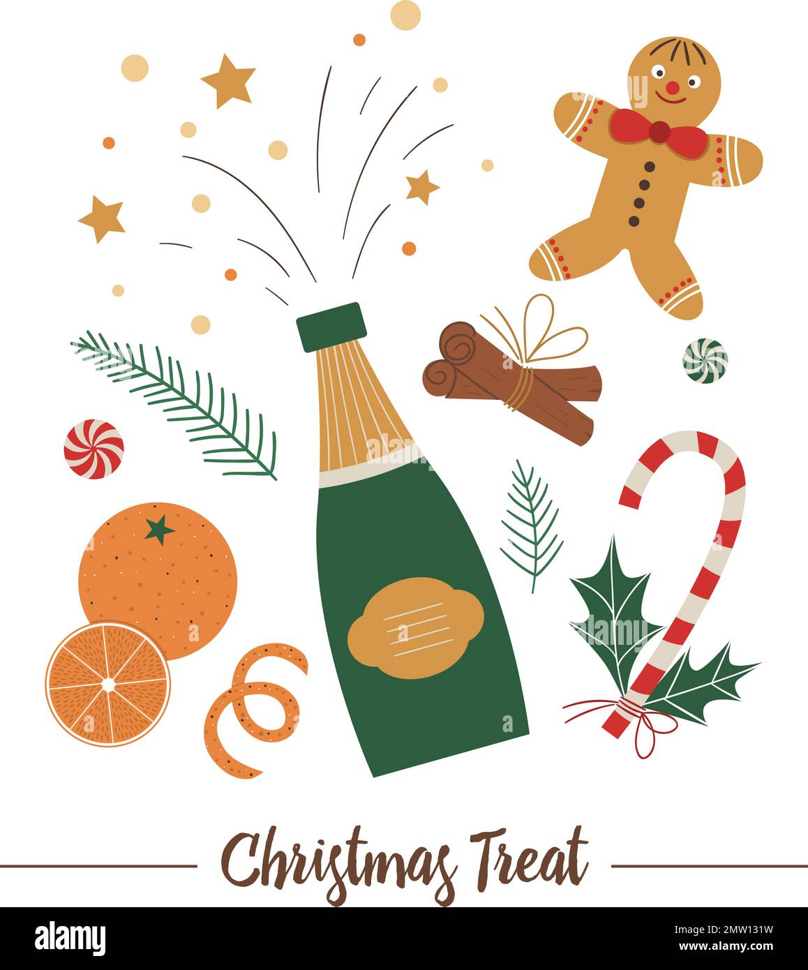 Vektorset mit Weihnachtsessen und Champagner auf weißem Hintergrund. Flache Illustration mit leckeren traditionellen Leckereien zur Dekoration Stock Vektor