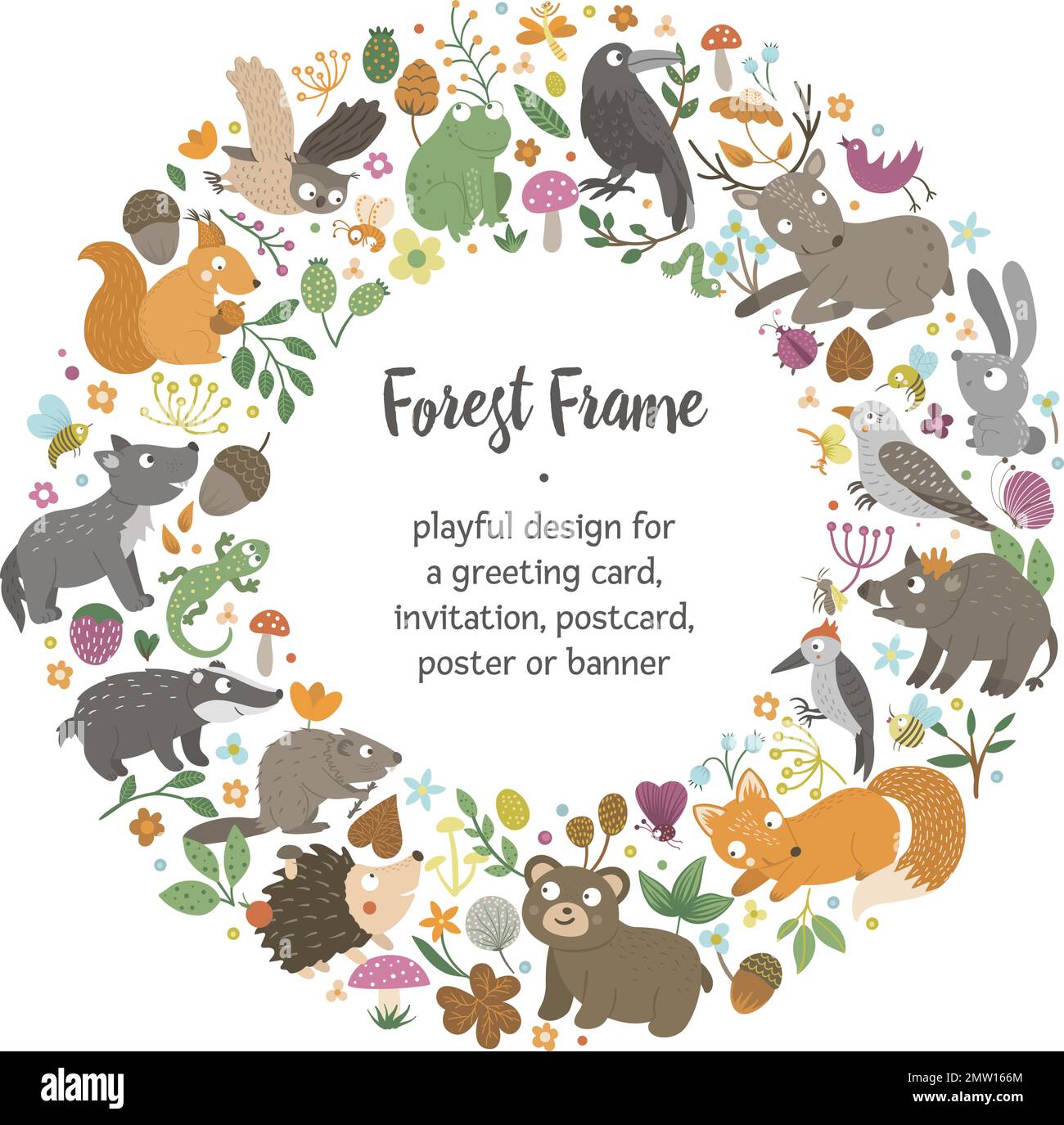 Runder Vektorrahmen mit Tieren und Waldelementen auf schwarzem Hintergrund. Banner mit natürlichem Thema. Süße lustige Waldkarten-Vorlage. Stock Vektor