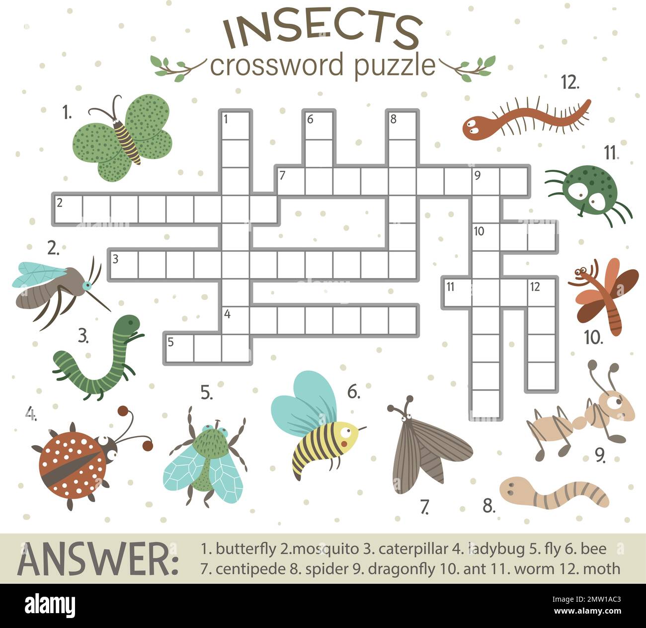 Vektor-Kreuzworträtsel mit Waldinsekten. Farbenfrohes Quiz für Kinder. Pädagogische Aktivität mit Ameise, Raupe, Schmetterling, Libelle, Stock Vektor