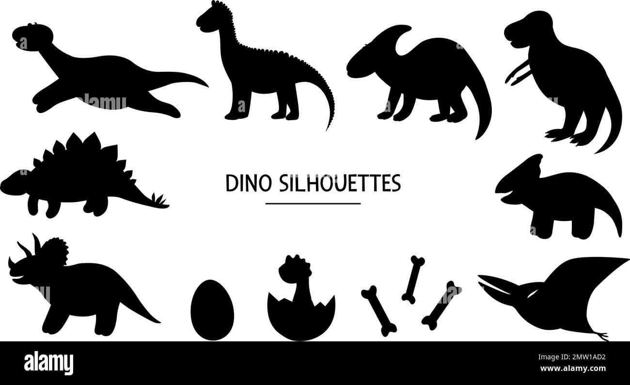 Vektorset mit Dino-Silhouetten. Schwarz-Weiß-Darstellung von Dinosauriern. Lustige prähistorische Schablonen. Stock Vektor