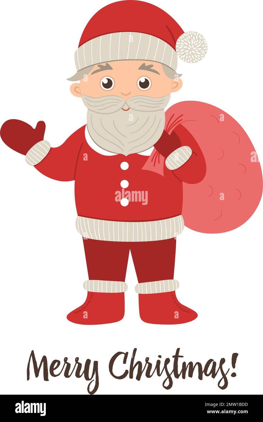 Vektor-Weihnachtsmann winkt mit rotem Sack mit der Hand. Süße Winter Vater Frost Illustration isoliert auf weißem Hintergrund. Komische, flache Figur für C Stock Vektor