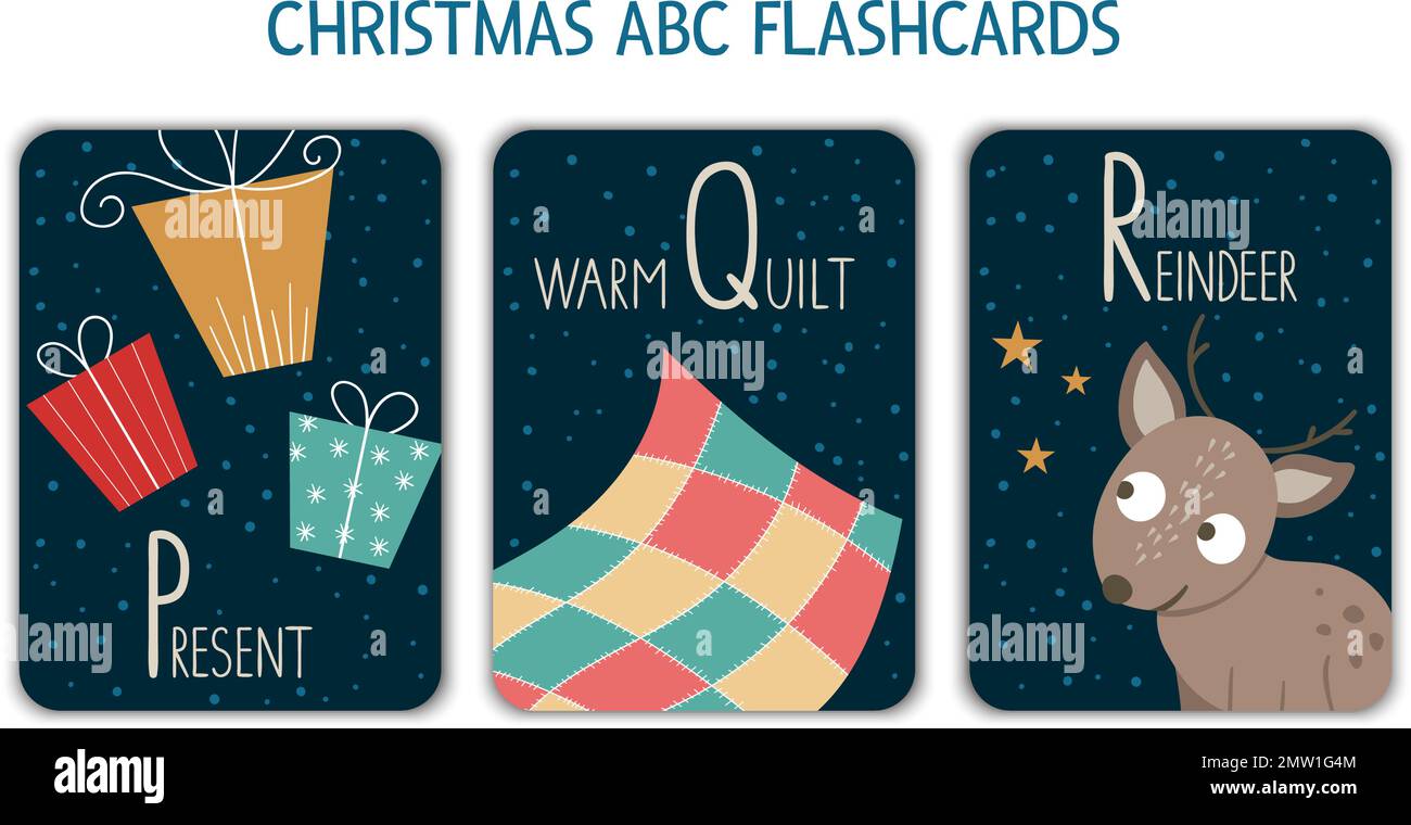 Karteikarte mit farbigen Buchstaben P, Q, R. Phonics. Niedliche ABC-Karten mit Weihnachtsmotiven zum Lesen mit lustigen Geschenken, warmer Steppdecke, Rentieren. Stock Vektor