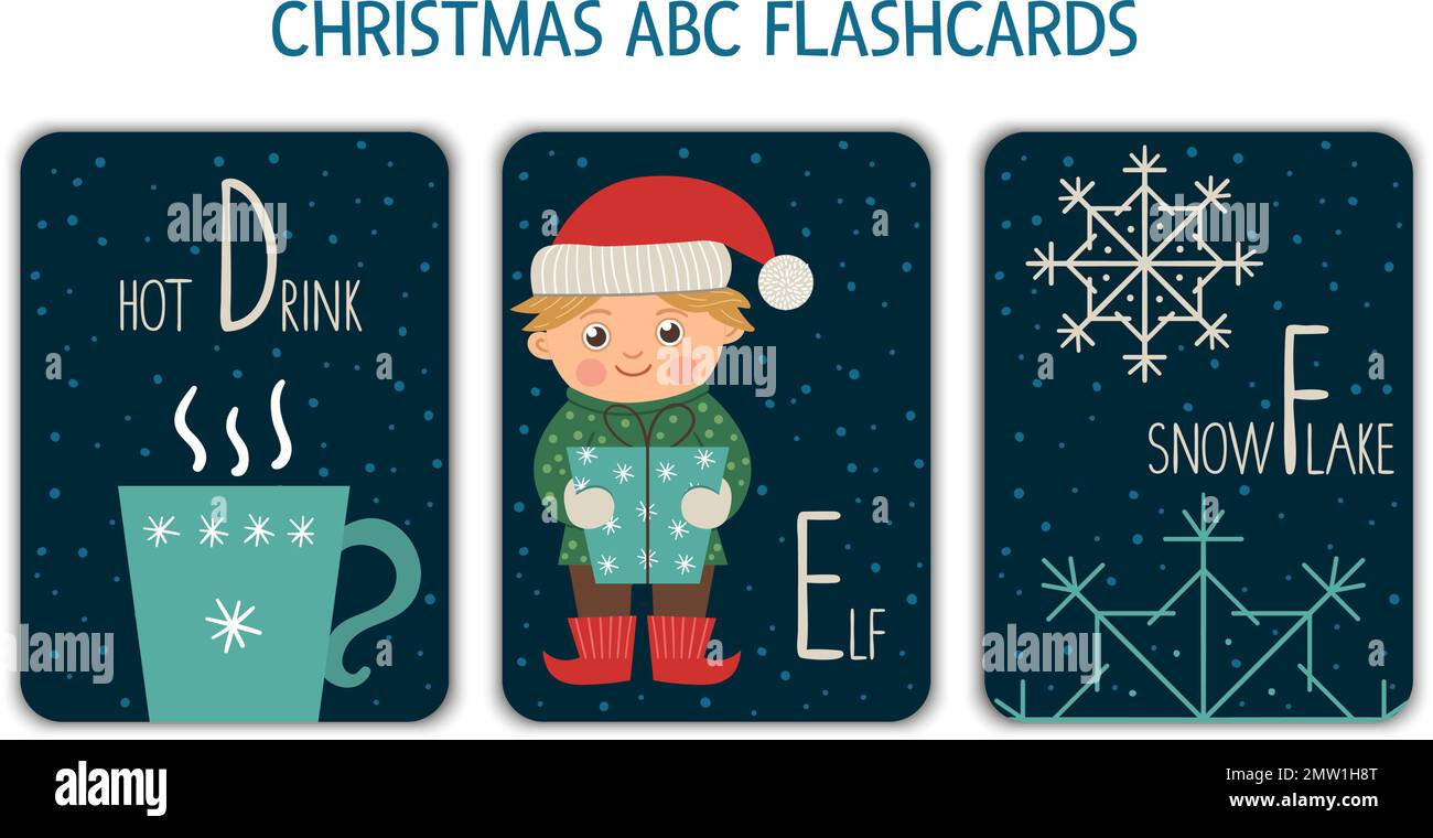 Bunte Buchstaben D, E, F. Phonics Karteikarte. Niedliche ABC-Karten mit Weihnachtsmotiv zum Lesen mit lustigem heißem Getränk, Elfe, Schneeflocke. Neues Y Stock Vektor