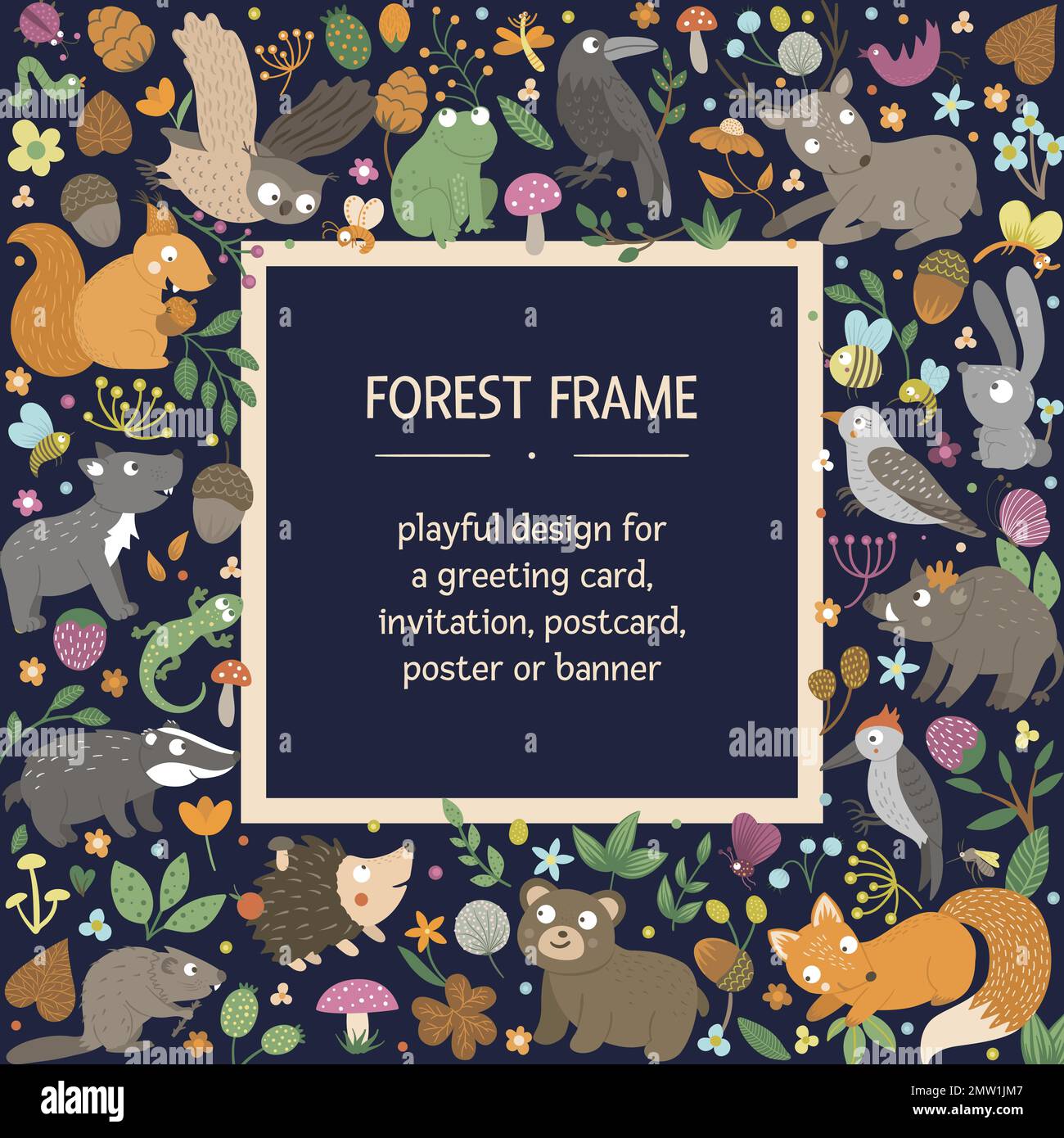 Quadratischer Vektorrahmen mit Tieren und Waldelementen auf schwarzem Hintergrund. Banner mit natürlichem Thema. Süße lustige Waldkarten-Vorlage. Stock Vektor