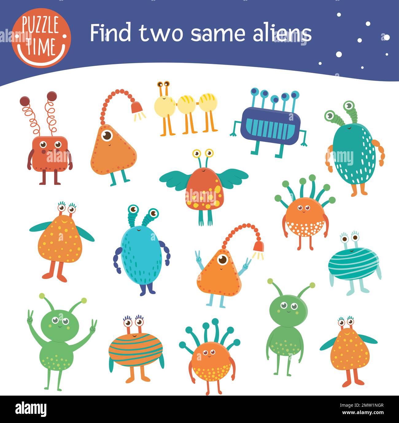 Finde zwei gleiche Aliens. Space-Matching-Aktivität für Vorschulkinder. Lustiges kosmisches Spiel für Kinder. Logisches Quiz-Arbeitsblatt. Stock Vektor