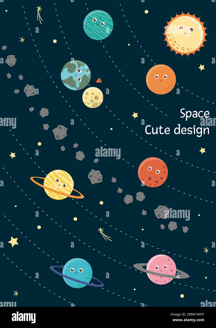 Vektorsolarsystemkarte für Kinder. Leuchtende und süße flache Illustration von lächelnder Erde, Sonne, Mond, Venus, mars, Jupiter, Quecksilber, Saturn, NEP Stock Vektor
