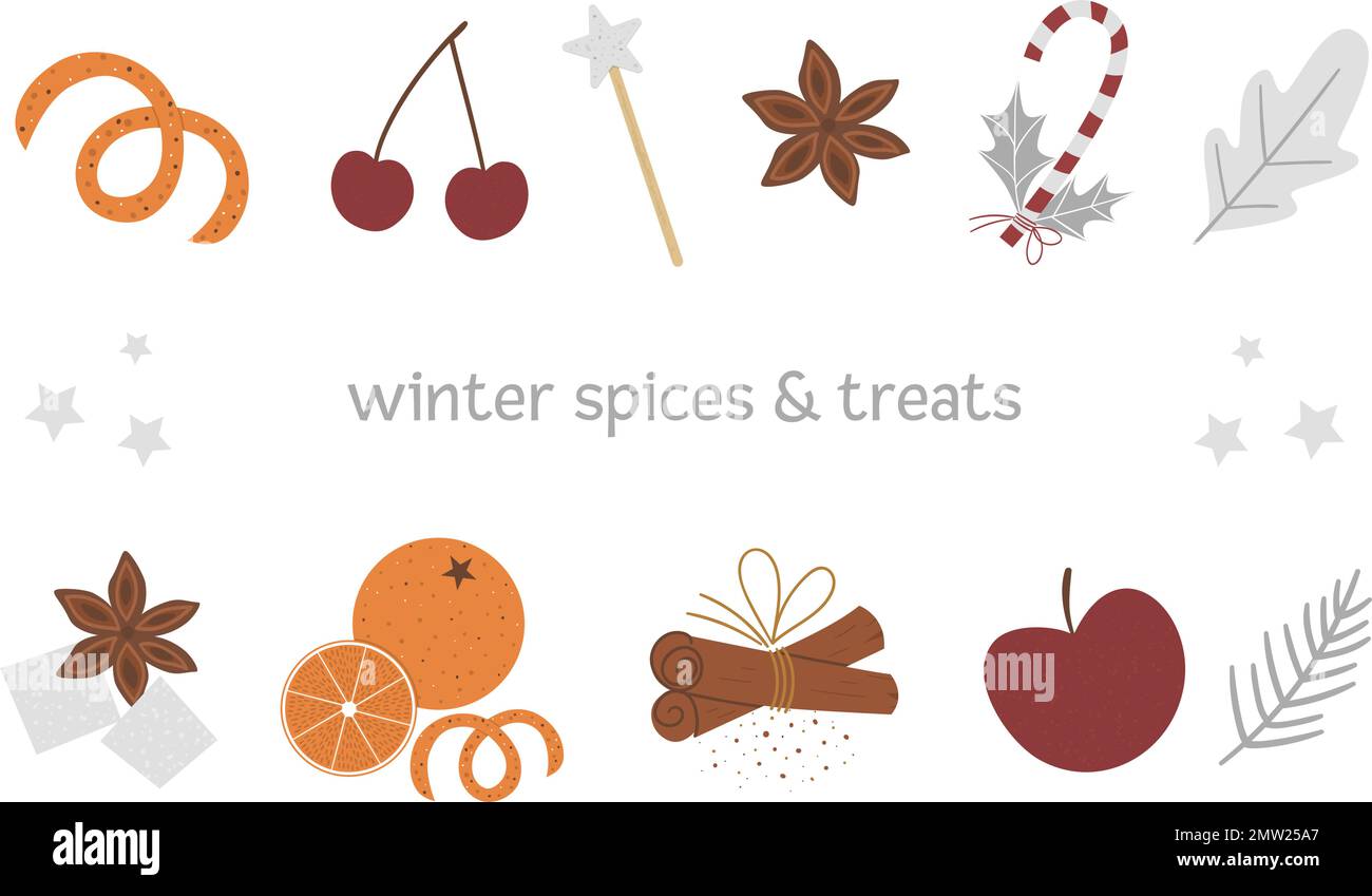 Vektorset mit traditionellen Wintergewürzen und Früchten. Weihnachtsgeschenke isoliert auf weißem Hintergrund. Gemütliche, wärmende Lebensmittelzutaten für f Stock Vektor