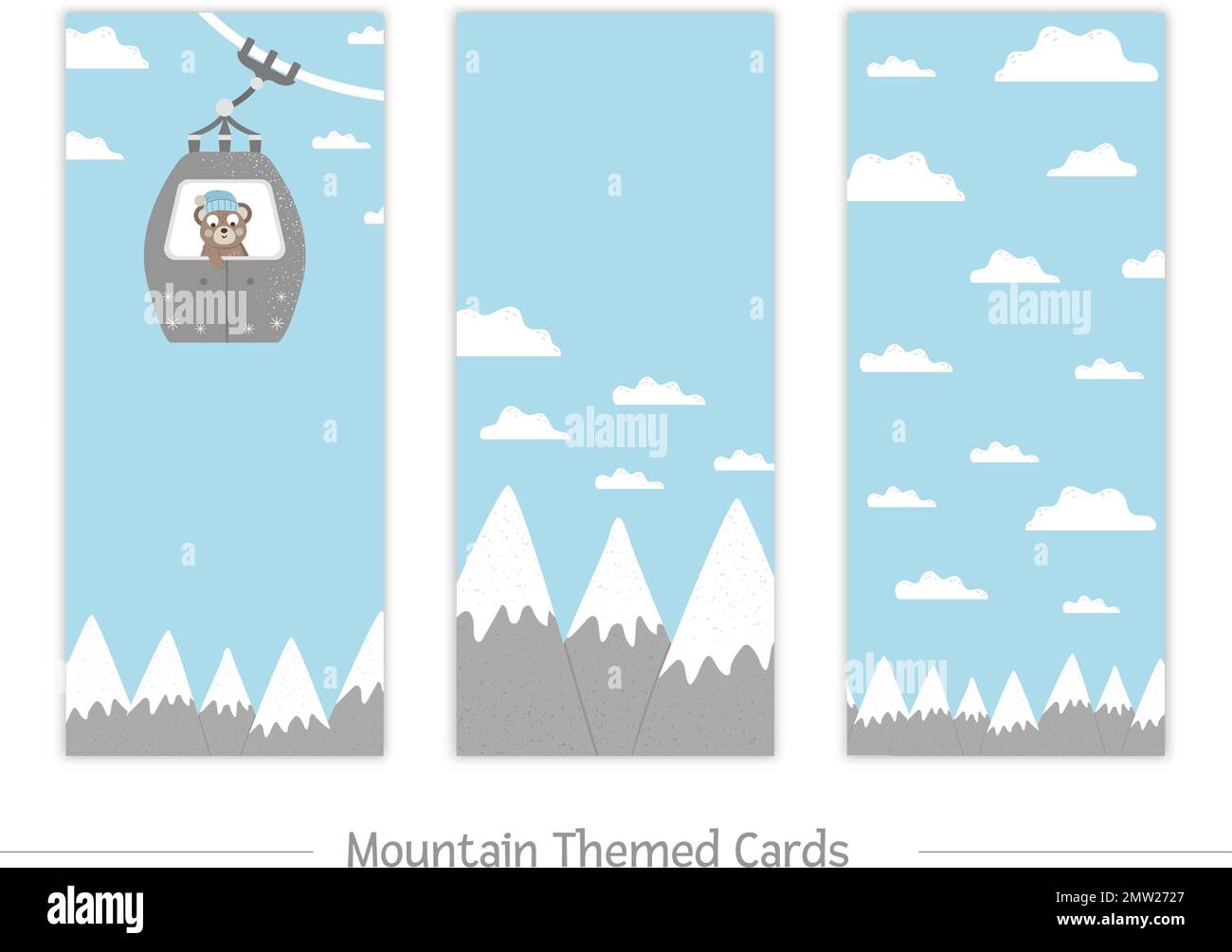 Satz vertikaler Vektorkarten mit schneebedeckten Bergen, Wolken, Seilbahn mit süßem Bären im Inneren. Flyer für Winteraktivitäten. Lustige kalte Seaso Stock Vektor
