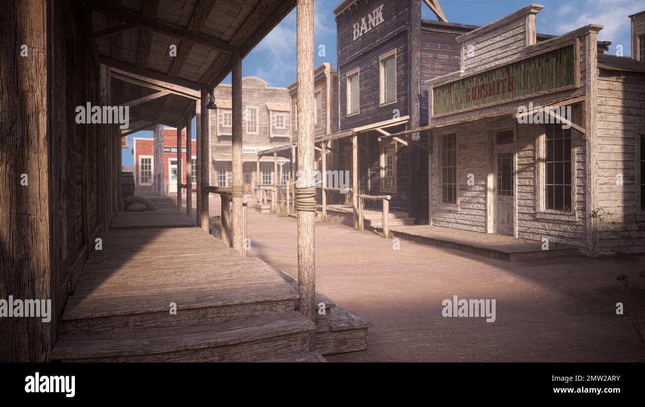 Staubige Straße in einer alten wilden Westernstadt mit Promenade, Waffenschmied und Bank im späten Nachmittag Sonnenlicht. Fotorealistisches 3D-Rendering. Stockfoto