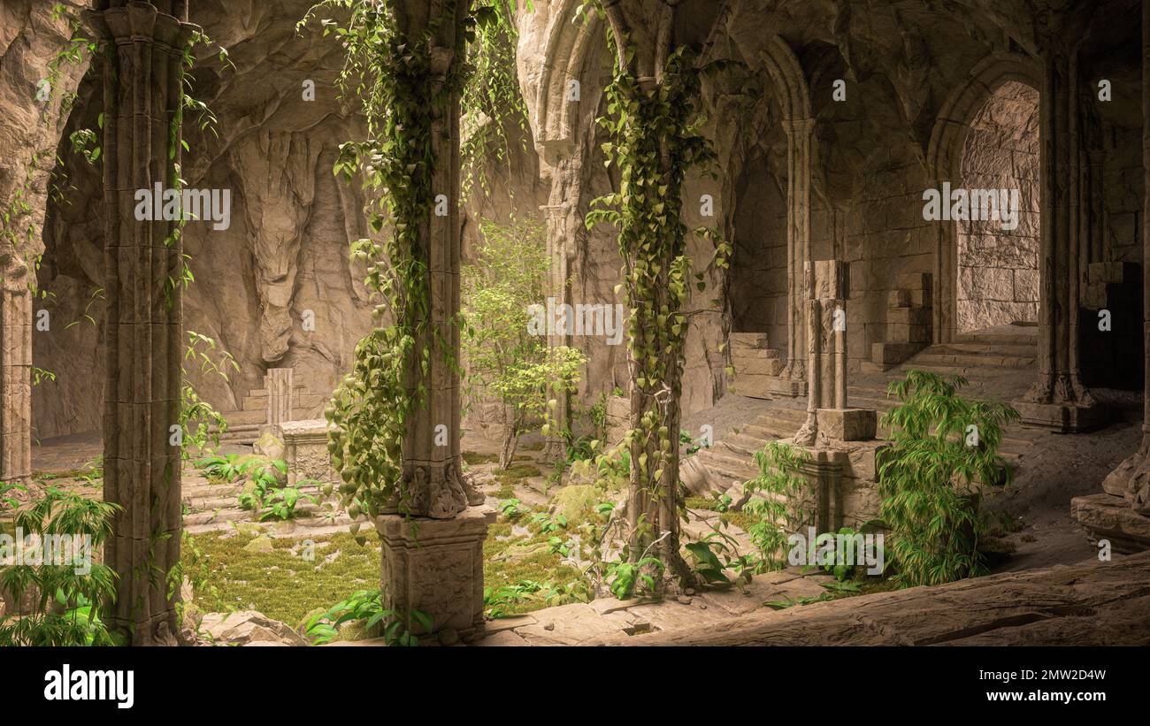 3D Darstellung eines dunklen geheimnisvollen Fantasy Tempels, der in eine Berghöhle gebaut und mit wilden Pflanzen überwuchert wurde. Stockfoto