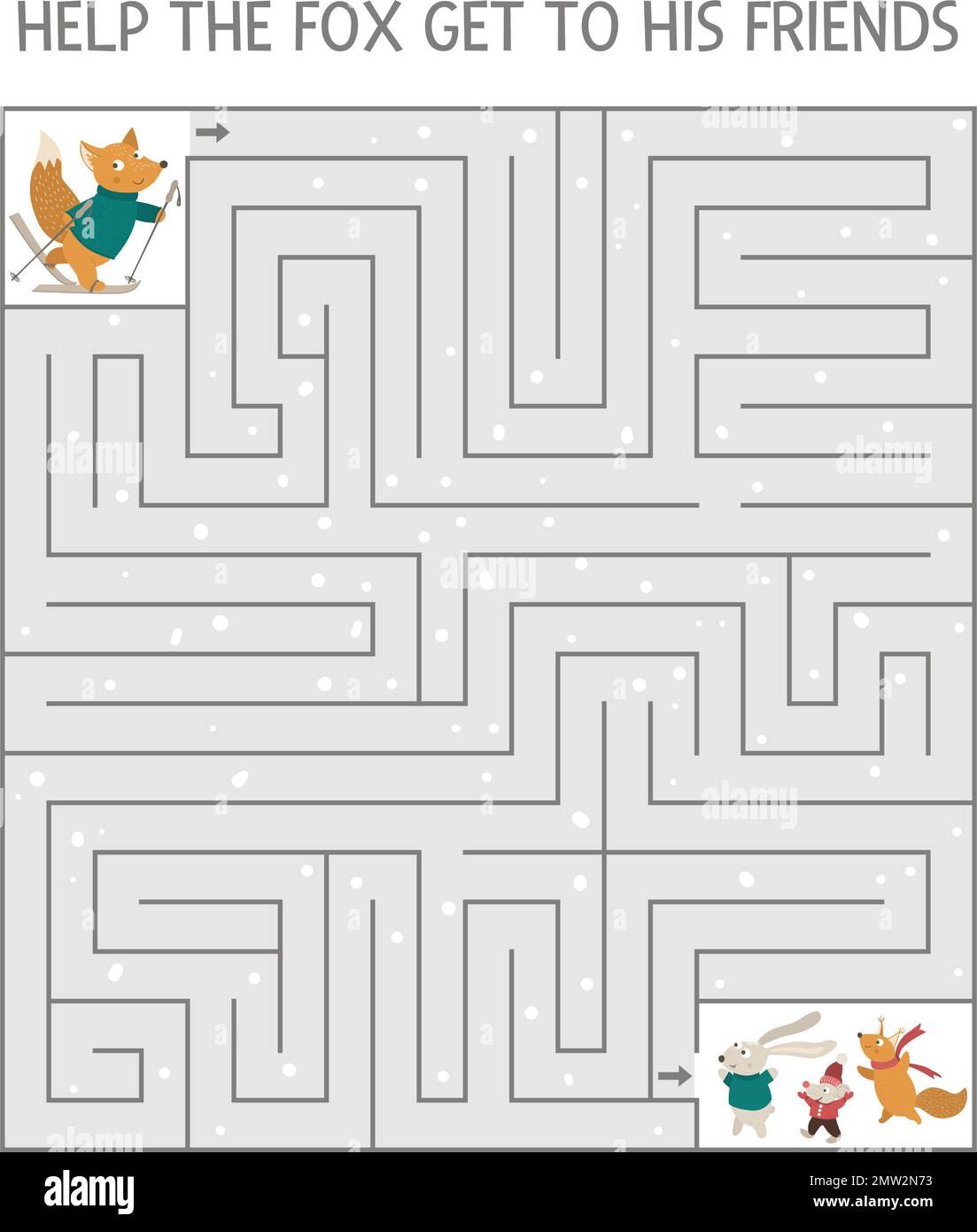 Winterlabyrinth für Kinder. Weihnachtsaktivität im Vorschulalter. Silvester-Puzzle-Spiel mit Tieren. Hilf dem Fuchs, seine Freunde zu finden. Stock Vektor