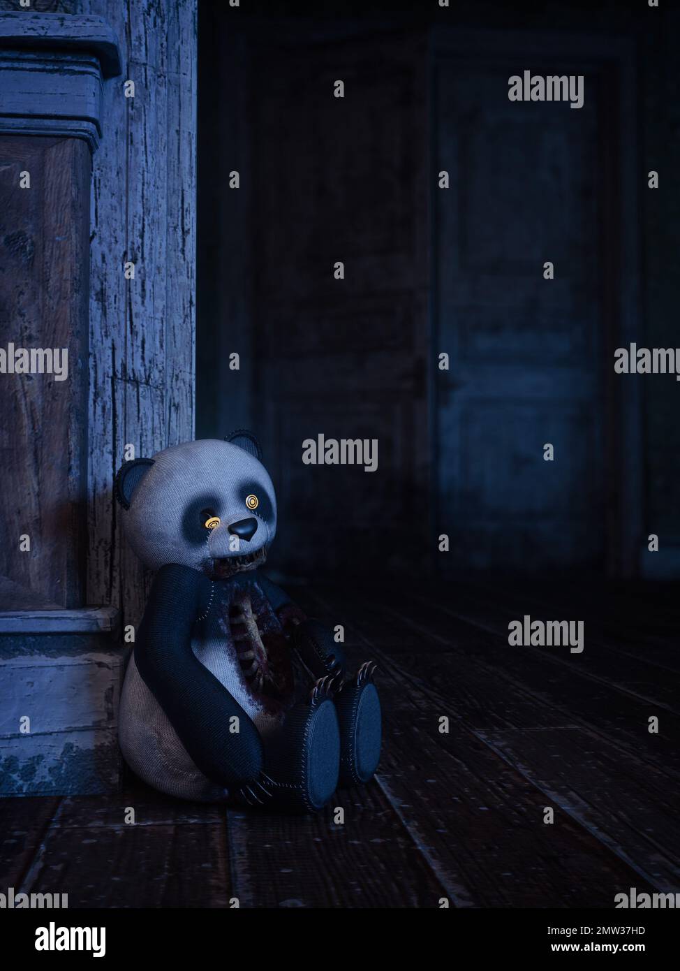 Gruseliger alter Spielzeugpanda in einem Spukhaus. Halloween Horror Konzept 3D Illustration. Stockfoto