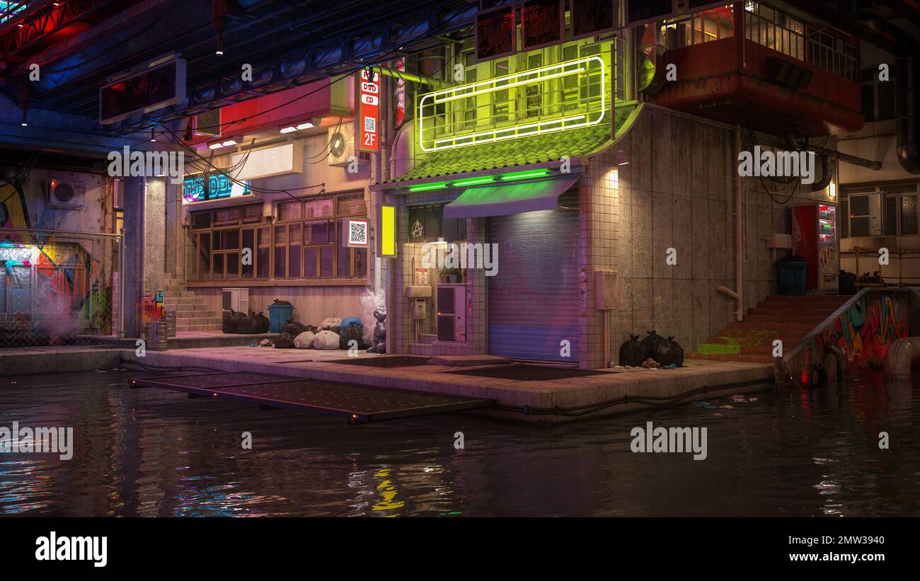 Zwielichtige Downtown-Uferszene in einer dystopischen zukünftigen Cyberpunk-Stadt. 3D-Rendering. Stockfoto