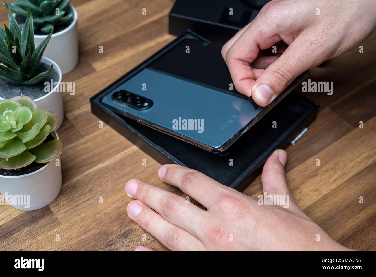 Samsung Galaxy Z Fold 4 in grau-grüner Farbe. Ein Mann packt das neue Handy aus. Stockfoto