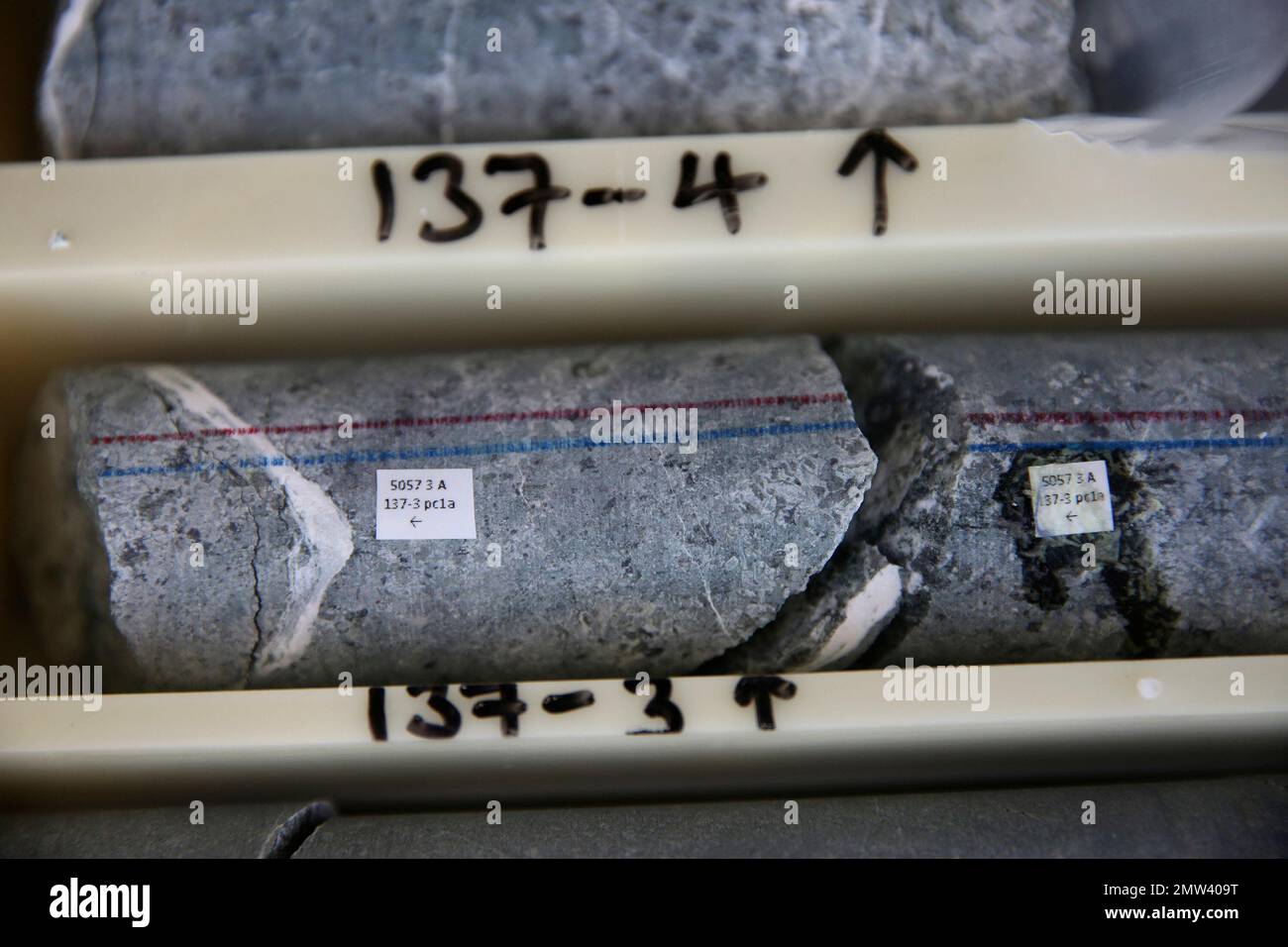 This March 1, 2017 photo, shows sections of a rock core extracted