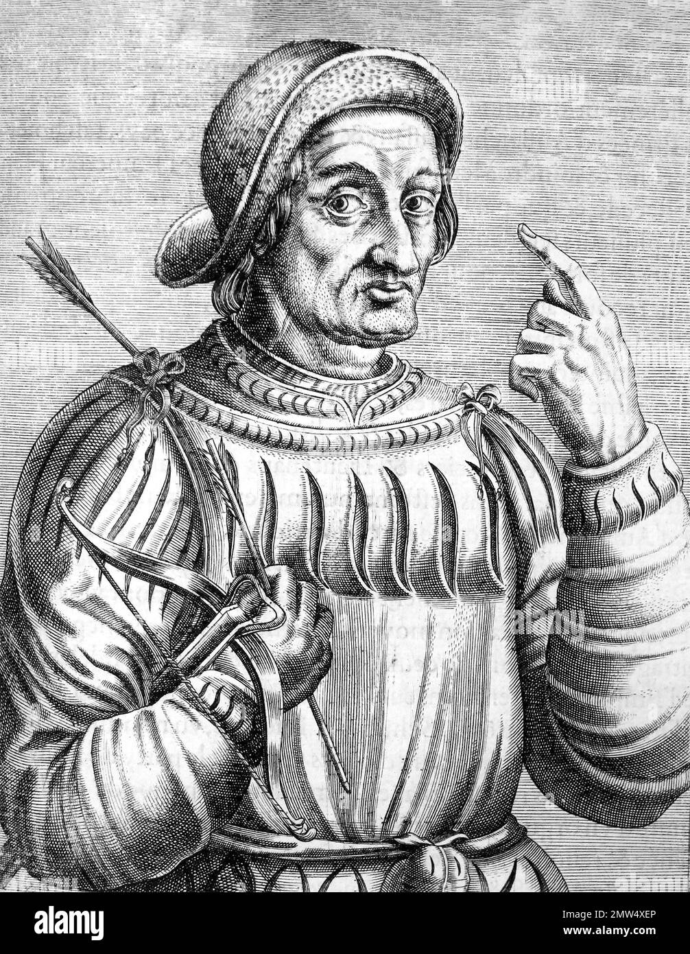 William Tell. Eine Illustration von William Tell aus dem 16. Jahrhundert von Andre Thevet, 1584. William Tell war im 14. Jahrhundert ein Volksheld in der Schweiz. Stockfoto